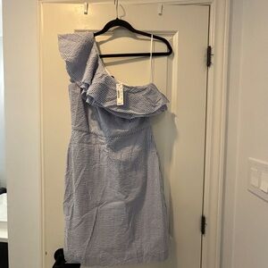 J Crew One-Shoulder Ruffle Seersucker Dress in Blue and White
